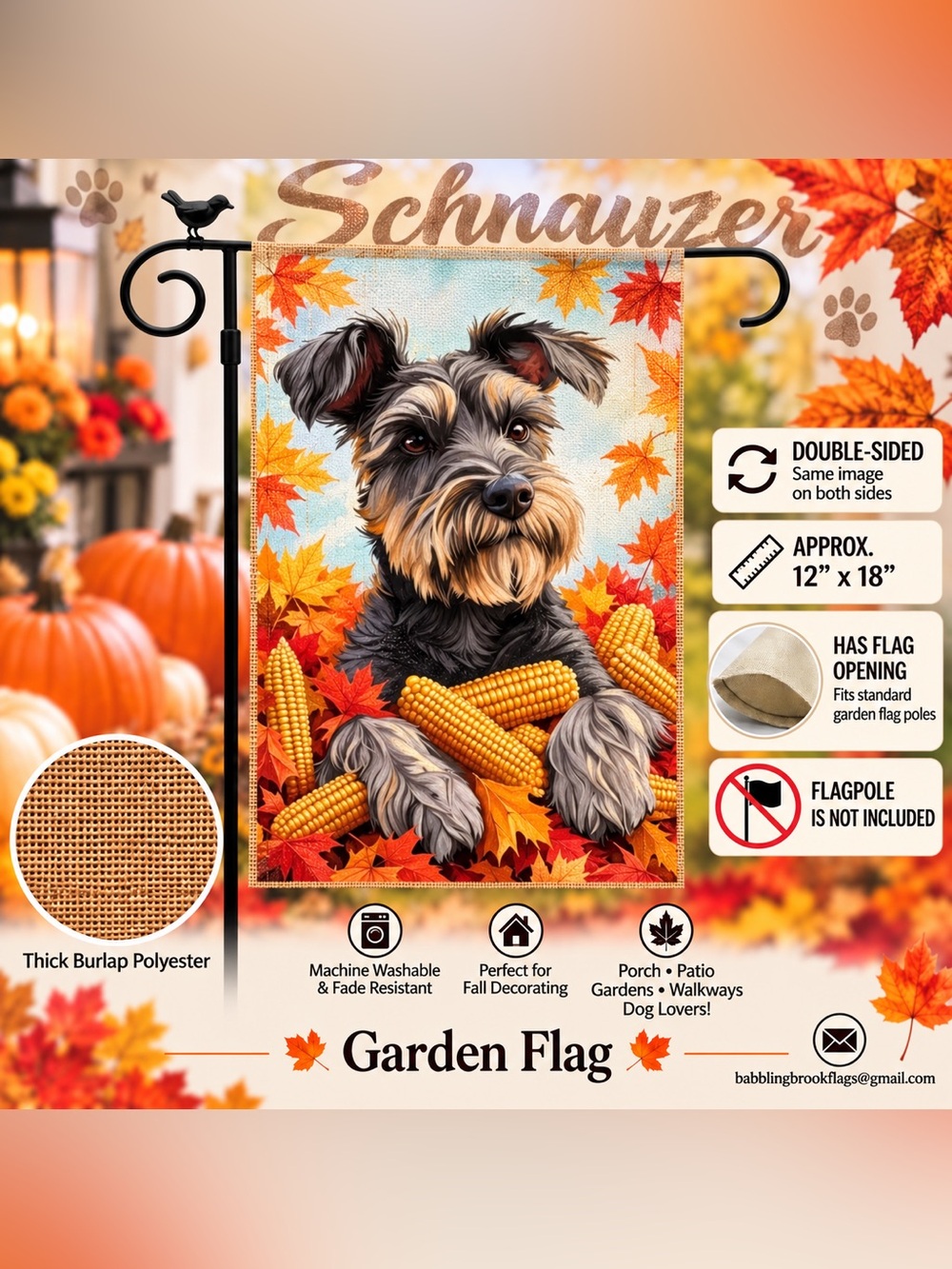 Garden flag, autumn Schnauzer, burlap polyester, double sided, 12” x 18”
